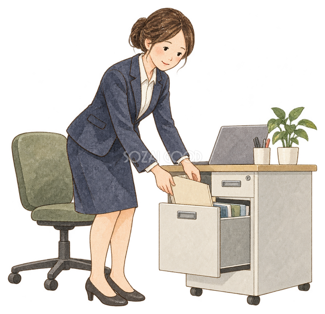 机の引き出しを片づける女性 机の引き出しを片づける女性