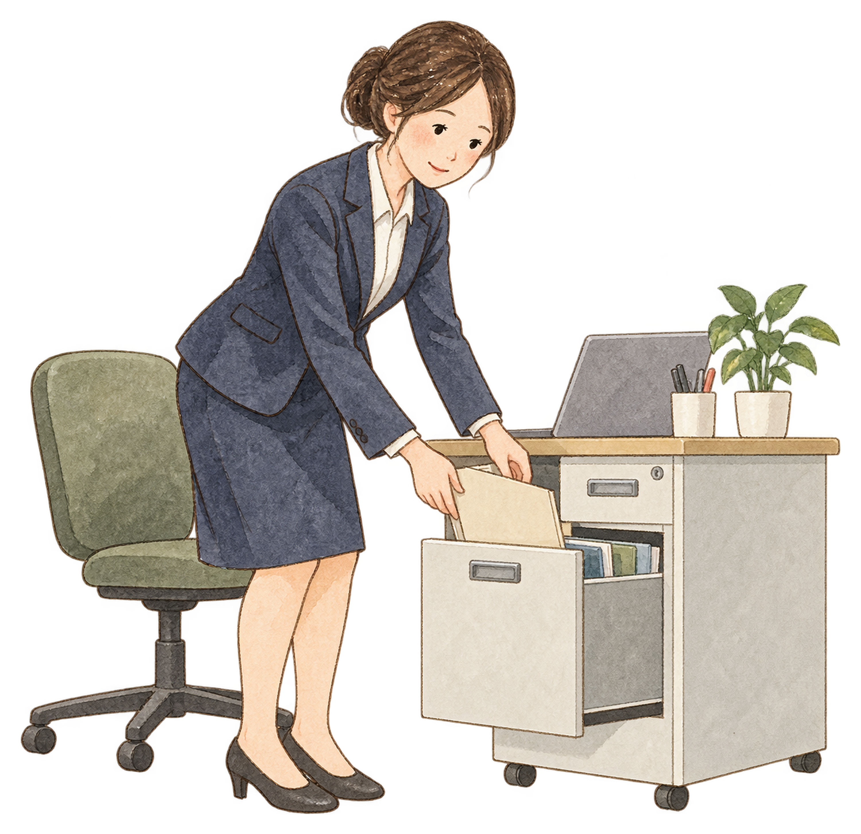 机の引き出しを片づける女性｜年末年始の無料ビジネス人物イラスト素材 103668に写真・文字を入れる