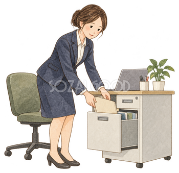 机の引き出しを片づける女性｜年末年始の無料ビジネス人物イラスト素材 103668
