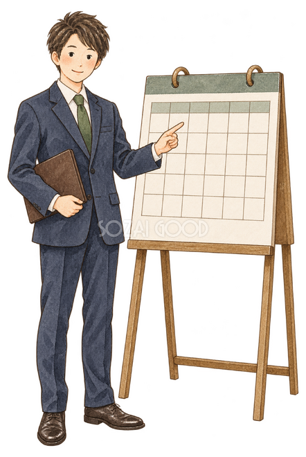 カレンダーを指す男性社員