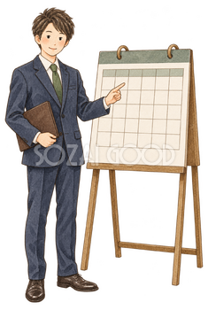 カレンダーを指す男性社員｜年末年始の無料ビジネス人物イラスト素材 103675