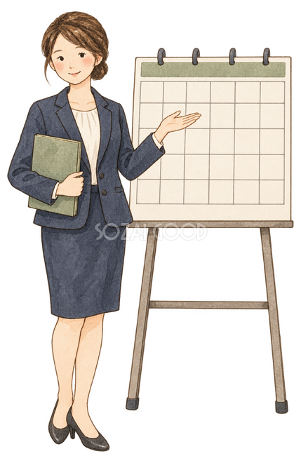 カレンダーを指す女性社員 カレンダーを指す女性社員