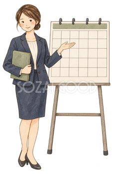 カレンダーを指す女性社員｜年末年始の無料ビジネス人物イラスト素材 103676