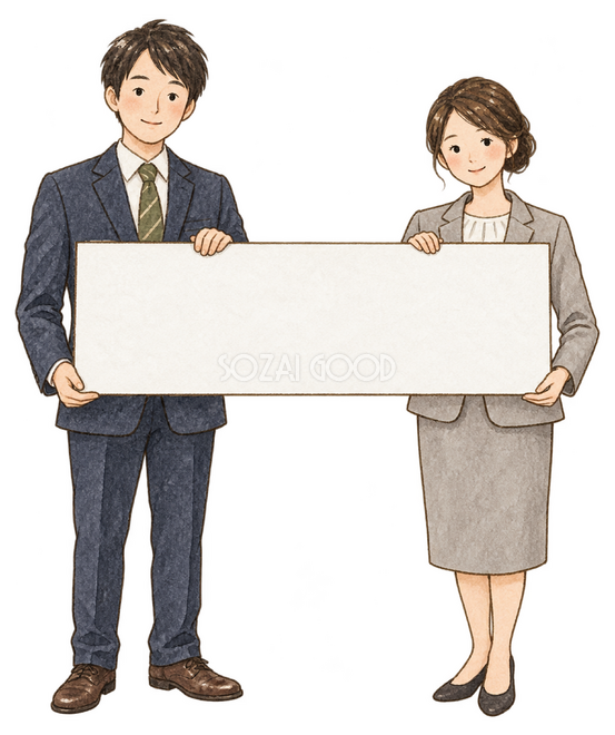 休業案内を掲げる社員二人 休業案内を掲げる社員二人