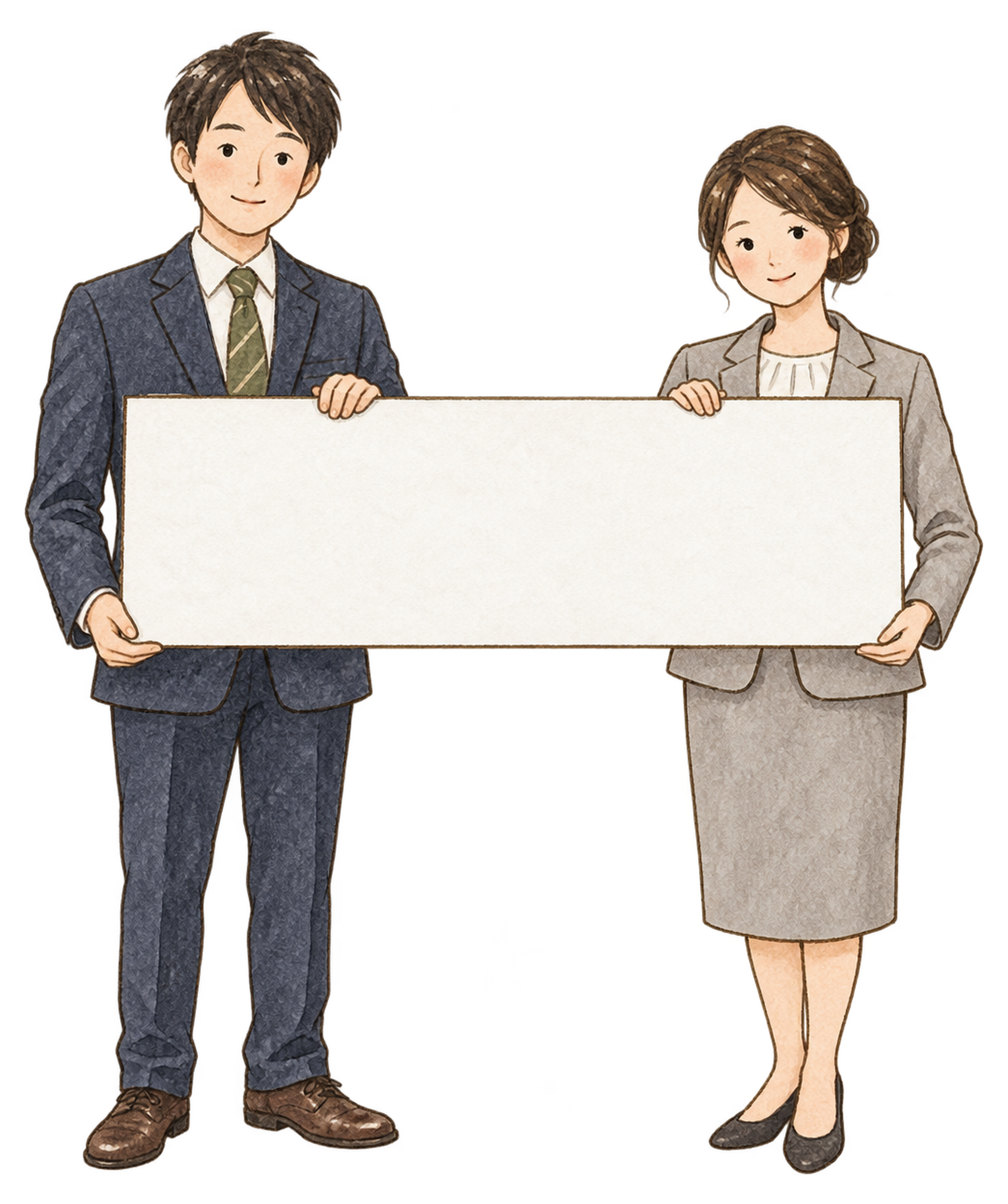 休業案内を掲げる社員二人｜年末年始の無料ビジネス人物イラスト素材 103677に写真・文字を入れる
