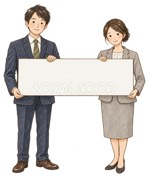 休業案内を掲げる社員二人｜年末年始の無料ビジネス人物イラスト素材 103677