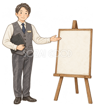 営業日を案内する受付男性｜年末年始の無料ビジネス人物イラスト素材 103681