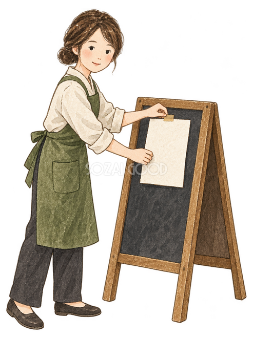 案内を貼る女性スタッフ