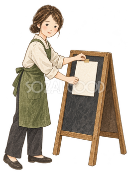 案内を貼る女性スタッフ｜年末年始の無料ビジネス人物イラスト素材 103682