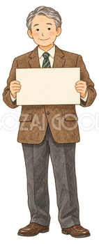 休業案内を持つシニア社員｜年末年始の無料ビジネス人物イラスト素材 103683