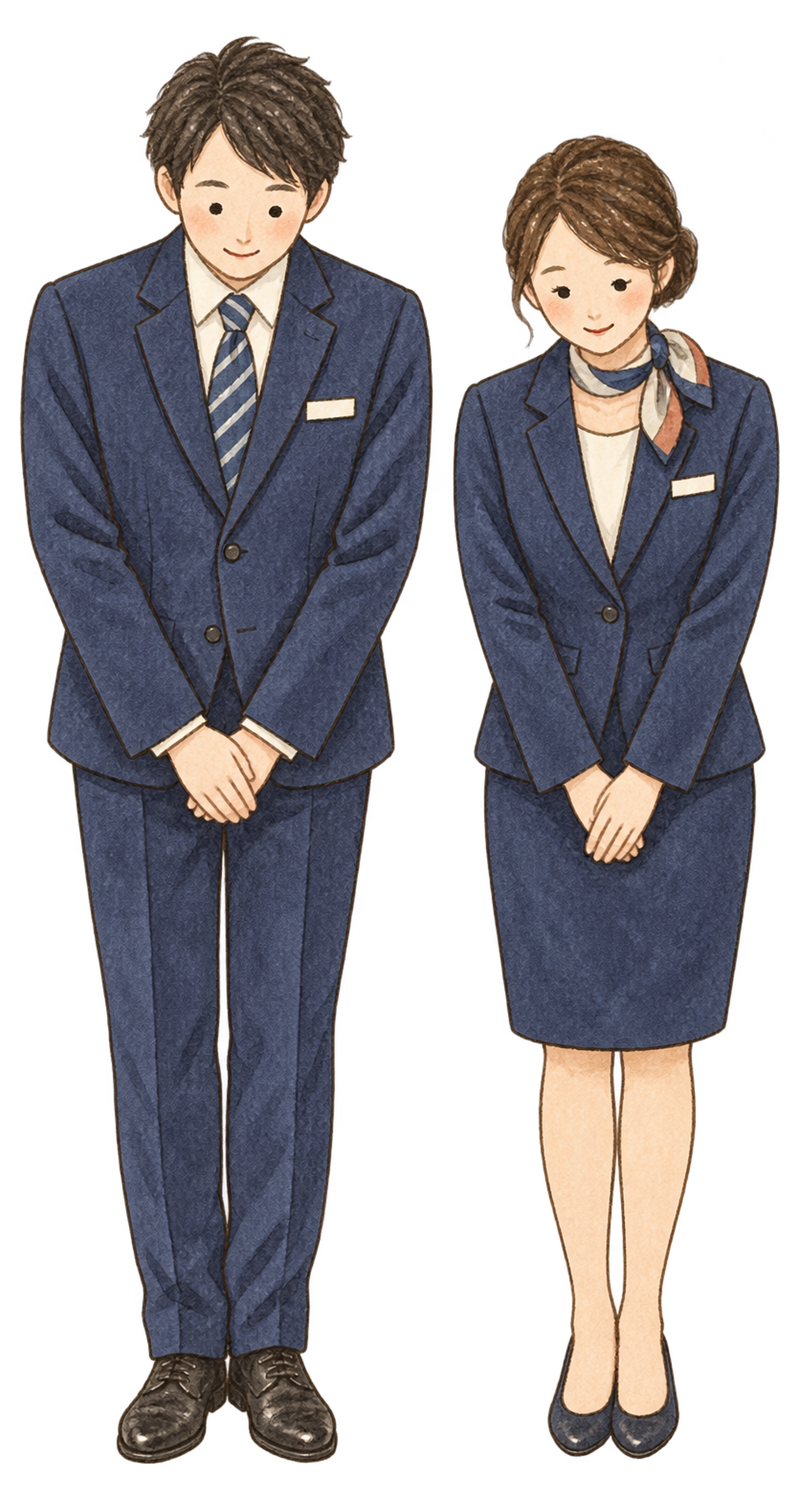 ご挨拶する制服スタッフ二人｜年末年始の無料ビジネス人物イラスト素材 103684に写真・文字を入れる