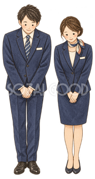 ご挨拶する制服スタッフ二人｜年末年始の無料ビジネス人物イラスト素材 103684