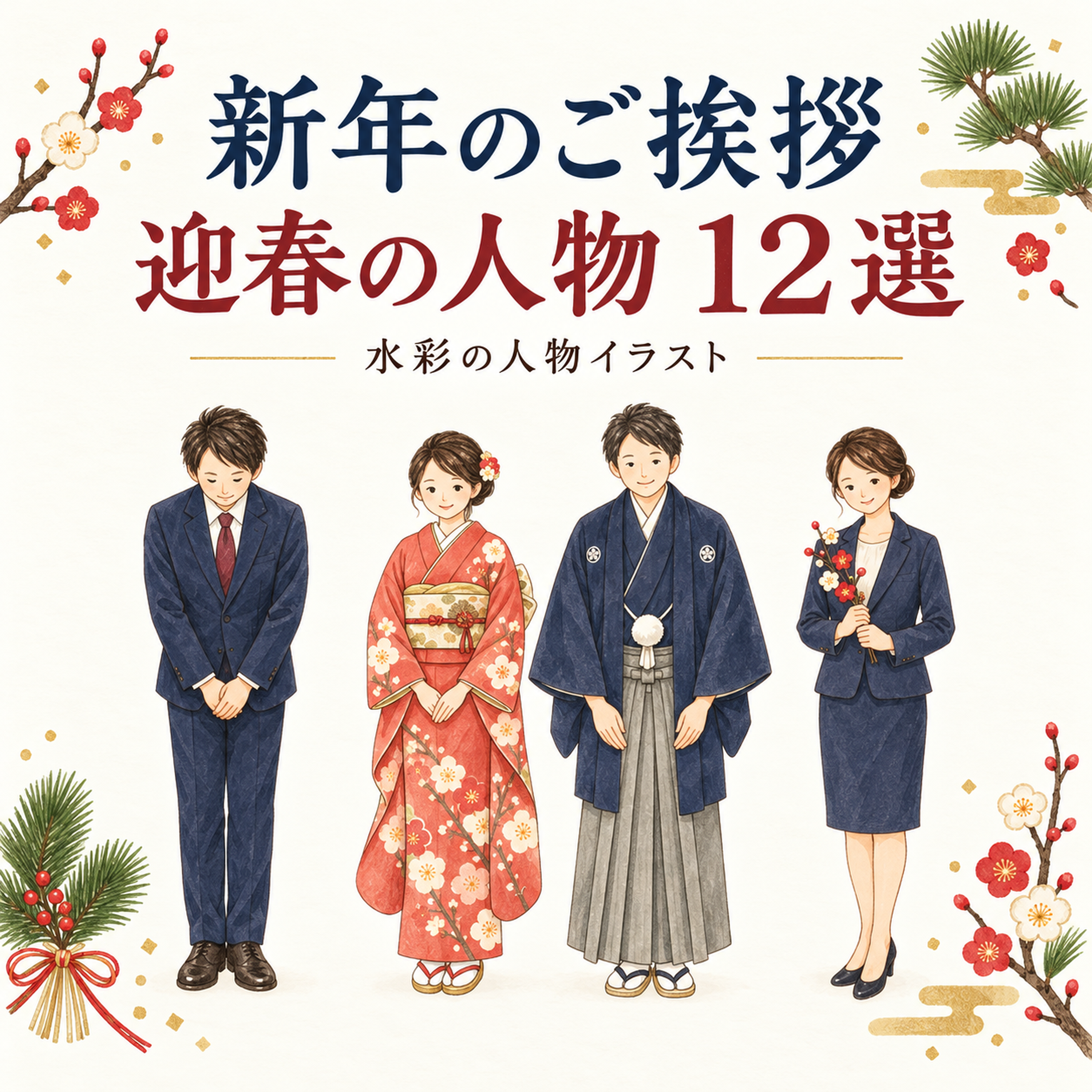 新年のご挨拶と迎春12選｜年末年始の無料人物イラスト素材 103685に写真・文字を入れる