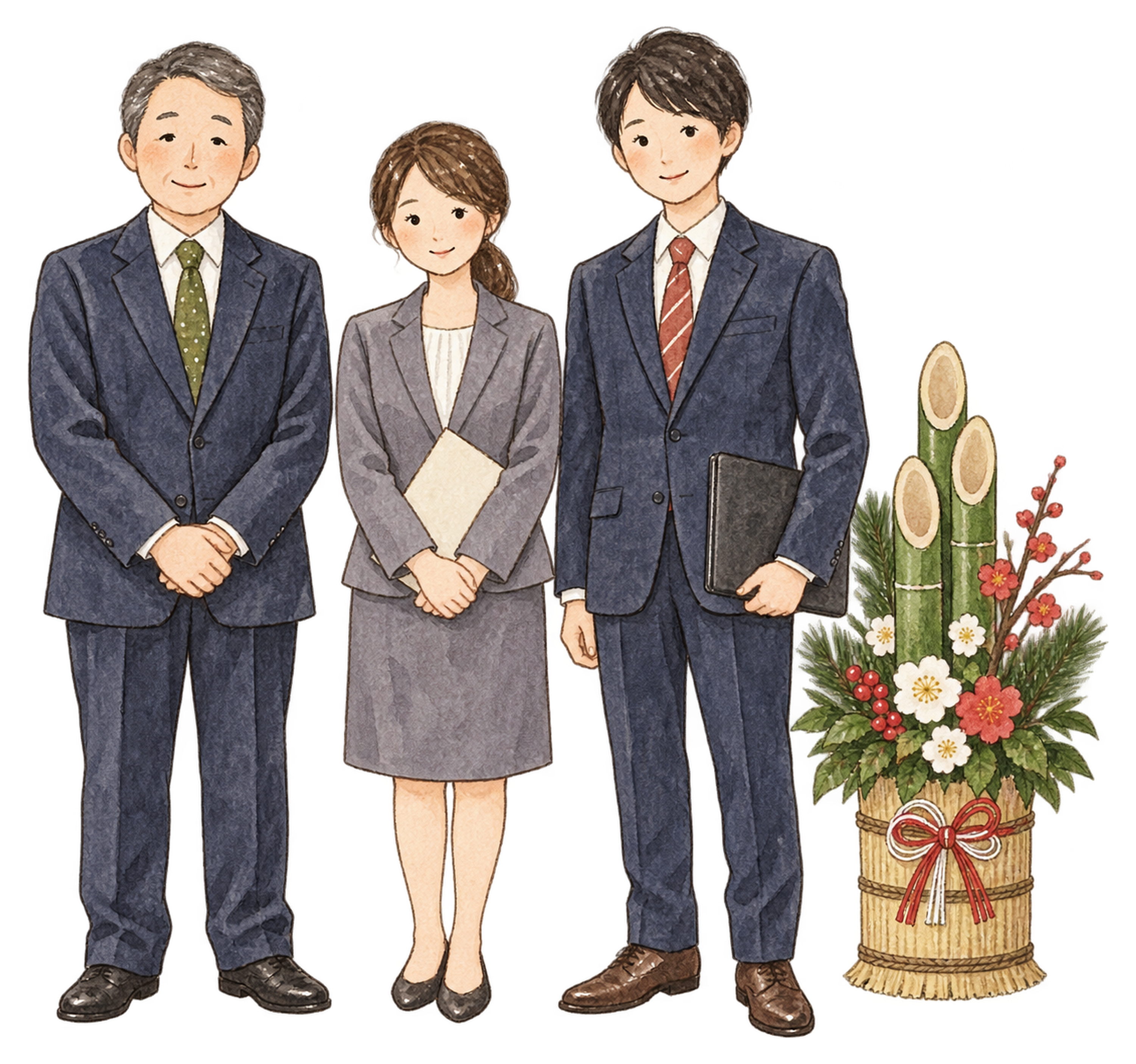 社員三人の迎春挨拶｜年末年始の無料ビジネス人物イラスト素材 103689に写真・文字を入れる