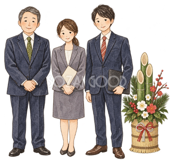 社員三人の迎春挨拶｜年末年始の無料ビジネス人物イラスト素材 103689