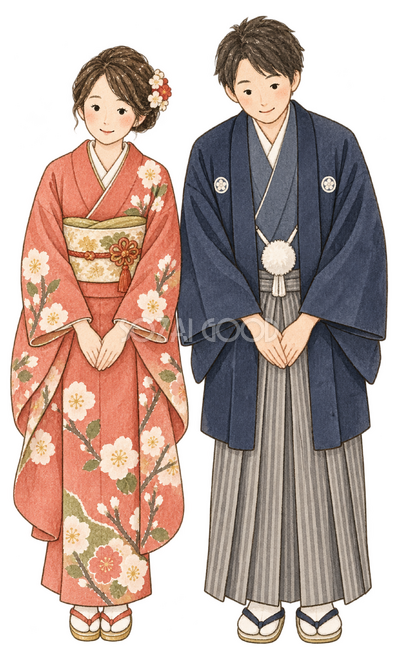 和装の男女の迎春挨拶