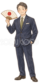 迎春の扇を持つ男性社員｜年末年始の無料ビジネス人物イラスト素材 103695
