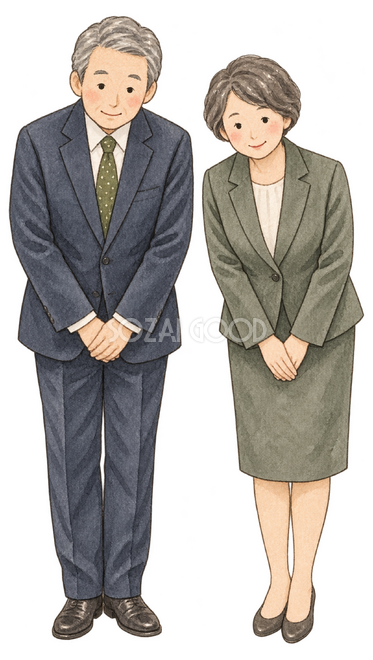 新年の挨拶をするシニア男女 新年の挨拶をするシニア男女