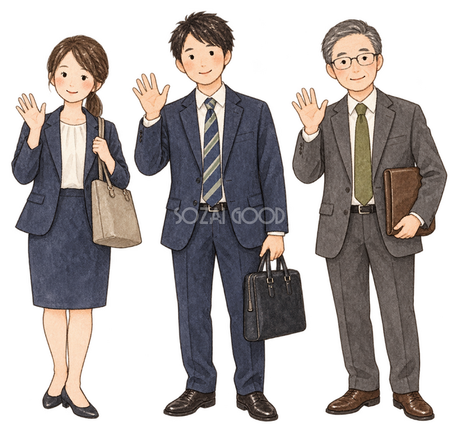 仕事始めの社員三人 仕事始めの社員三人