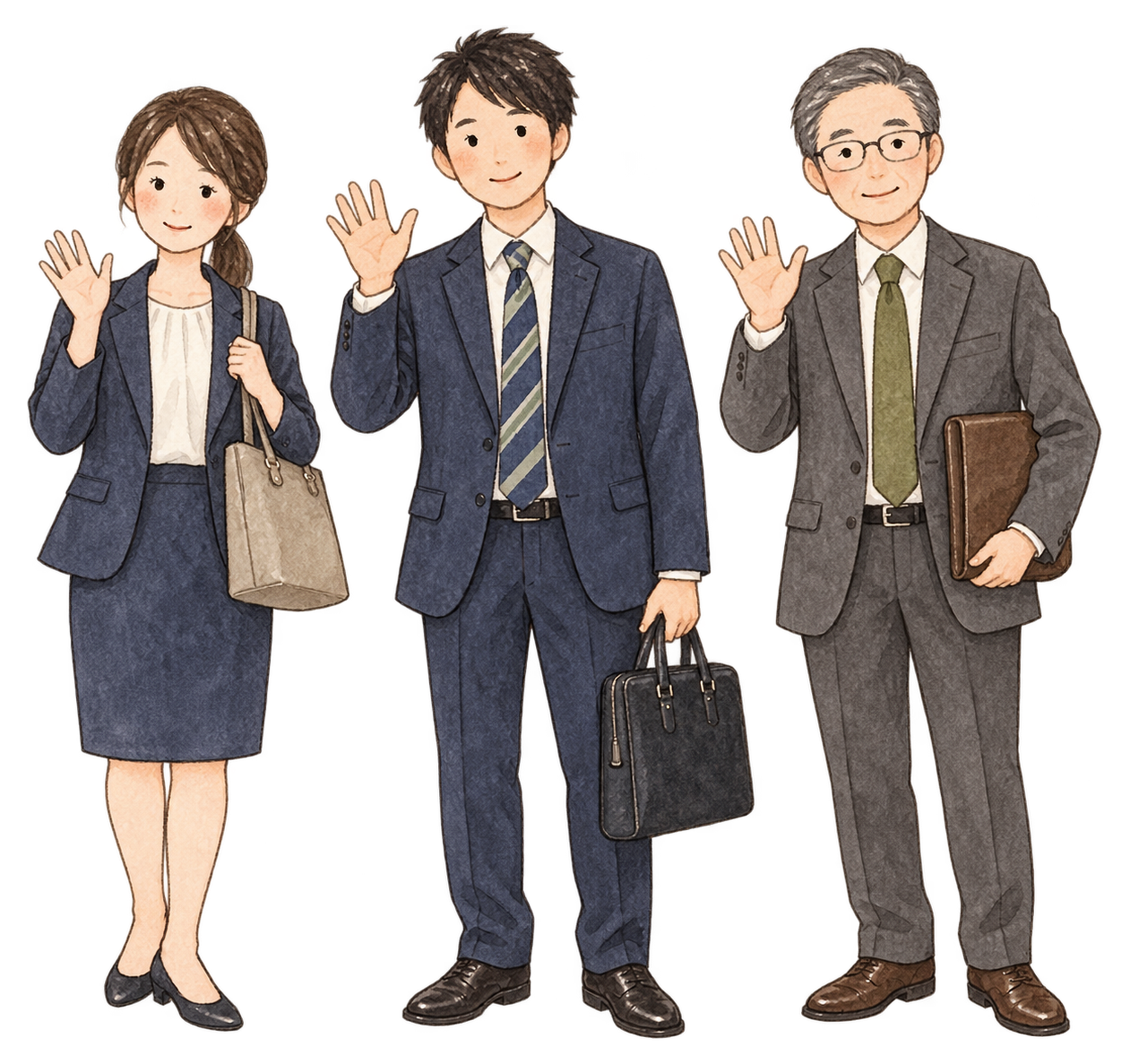 仕事始めの社員三人｜年末年始の無料ビジネス人物イラスト素材 103704に写真・文字を入れる