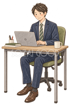 パソコンで仕事を始める男性｜年末年始の無料ビジネス人物イラスト素材 103706