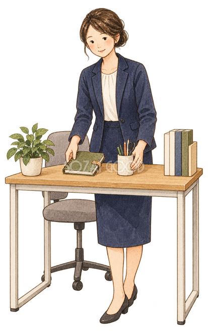 机を整える女性社員 机を整える女性社員