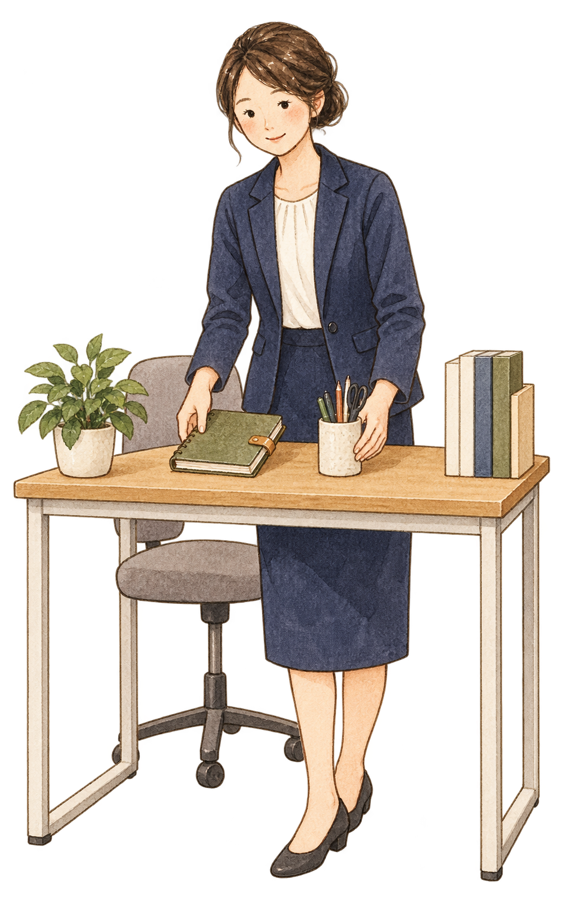 机を整える女性社員｜年末年始の無料ビジネス人物イラスト素材 103707に写真・文字を入れる