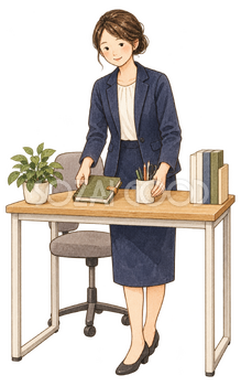 机を整える女性社員｜年末年始の無料ビジネス人物イラスト素材 103707