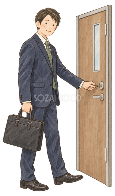 入口の鍵を開ける男性社員 入口の鍵を開ける男性社員