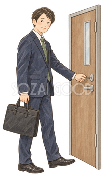 入口の鍵を開ける男性社員｜年末年始の無料ビジネス人物イラスト素材 103708
