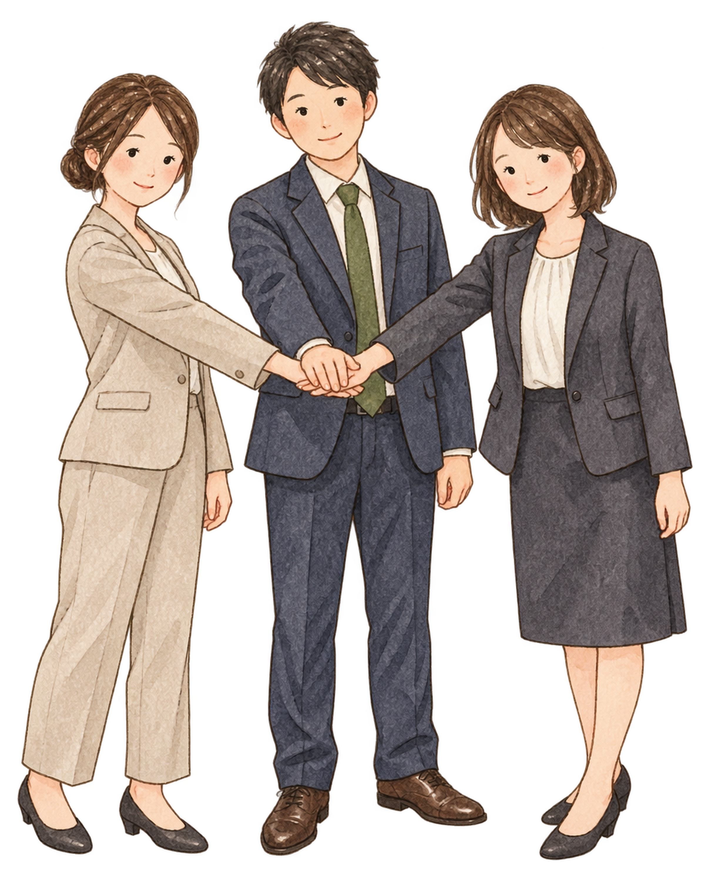 手を重ねるチーム三人｜年末年始の無料ビジネス人物イラスト素材 103716に写真・文字を入れる
