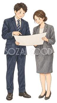 アイデアを相談する社員二人｜年末年始の無料ビジネス人物イラスト素材 103720