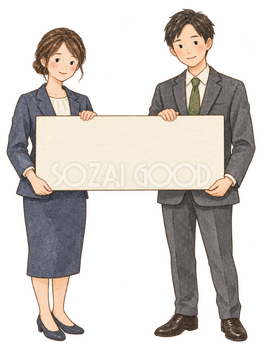 目標ボードを持つ社員二人｜年末年始の無料ビジネス人物イラスト素材 103721