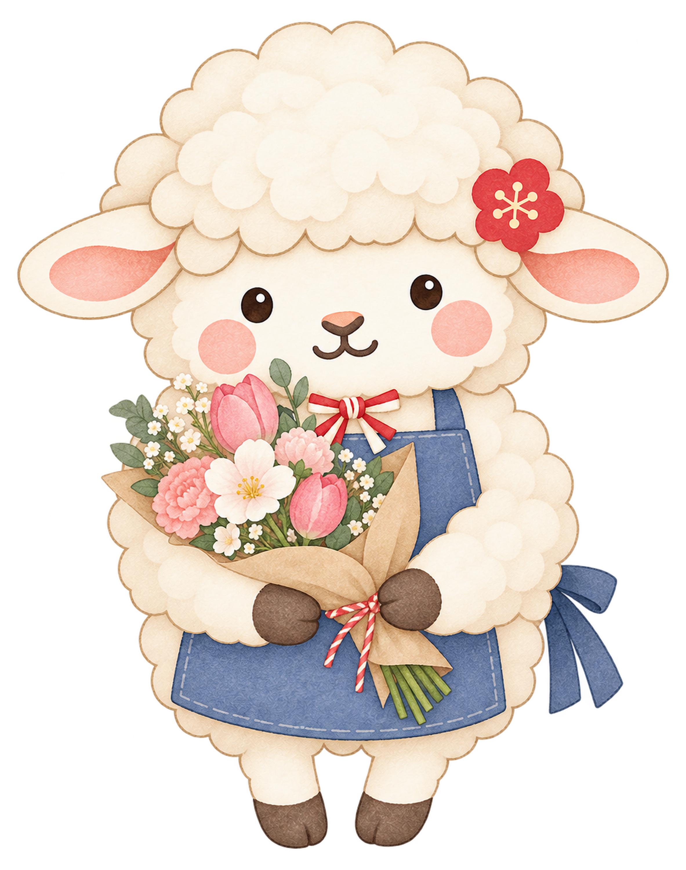 花束を渡す花屋の羊のイラスト｜未年・お正月のかわいい無料素材 103763に写真・文字を入れる