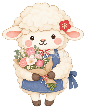 花束を渡す花屋の羊のイラスト｜未年・お正月のかわいい無料素材 103763