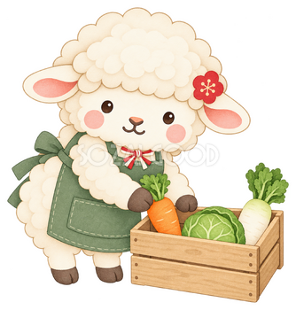 野菜を並べる羊のイラスト｜未年・お正月のかわいい無料素材 103764