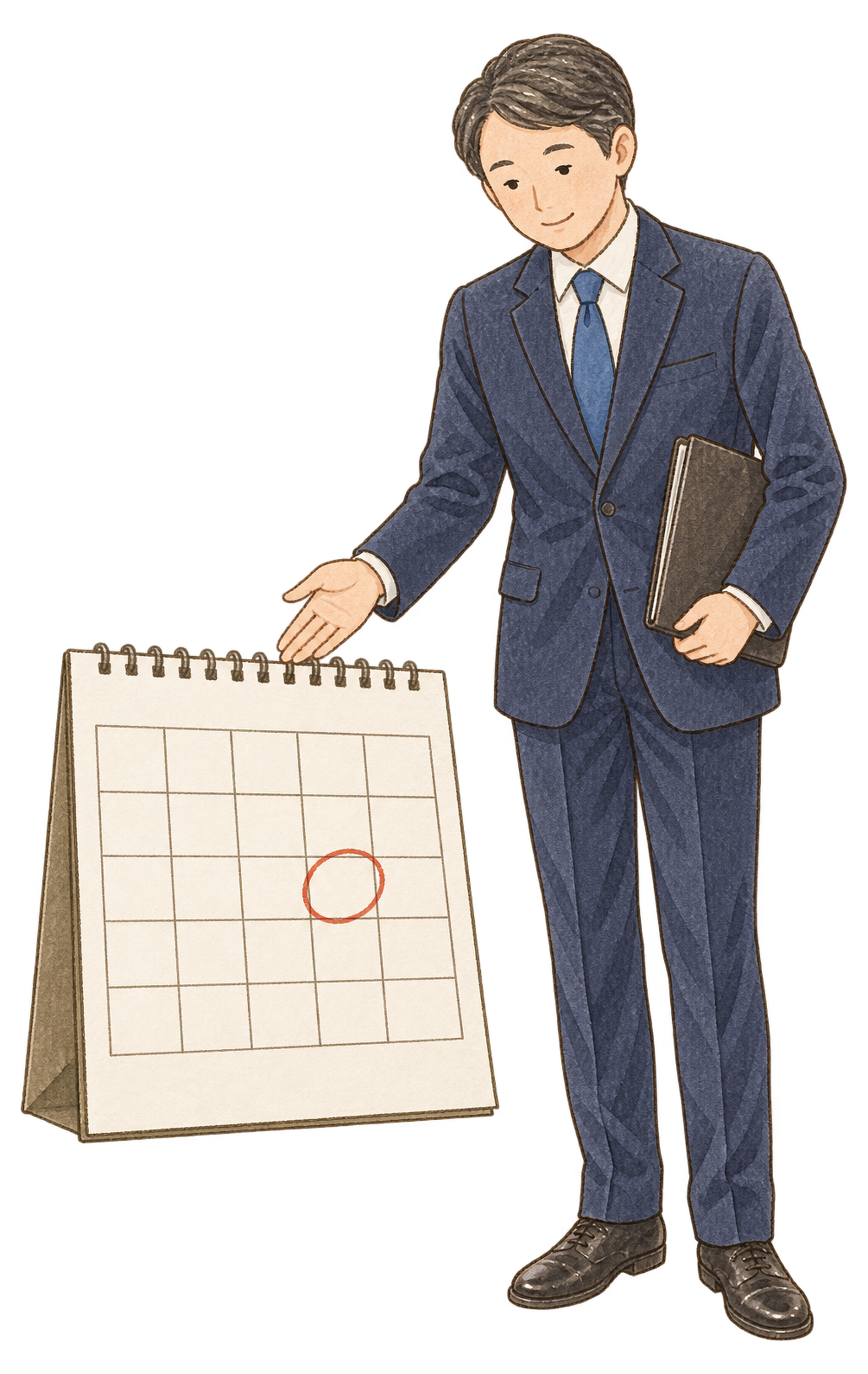 年内締切をカレンダーで案内する男性｜年末の締切案内の無料人物イラスト素材 103928に写真・文字を入れる