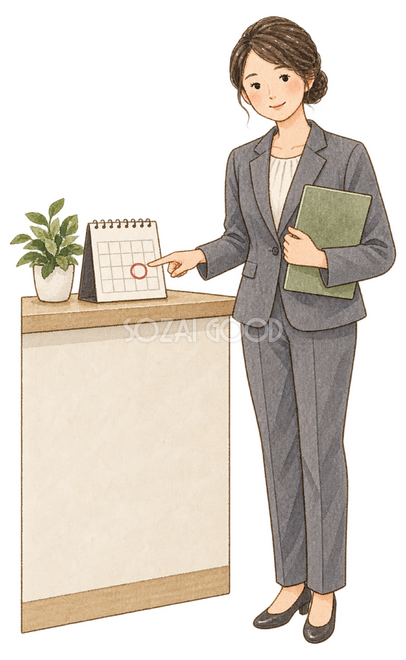 最終受付日を示す女性 最終受付日を示す女性