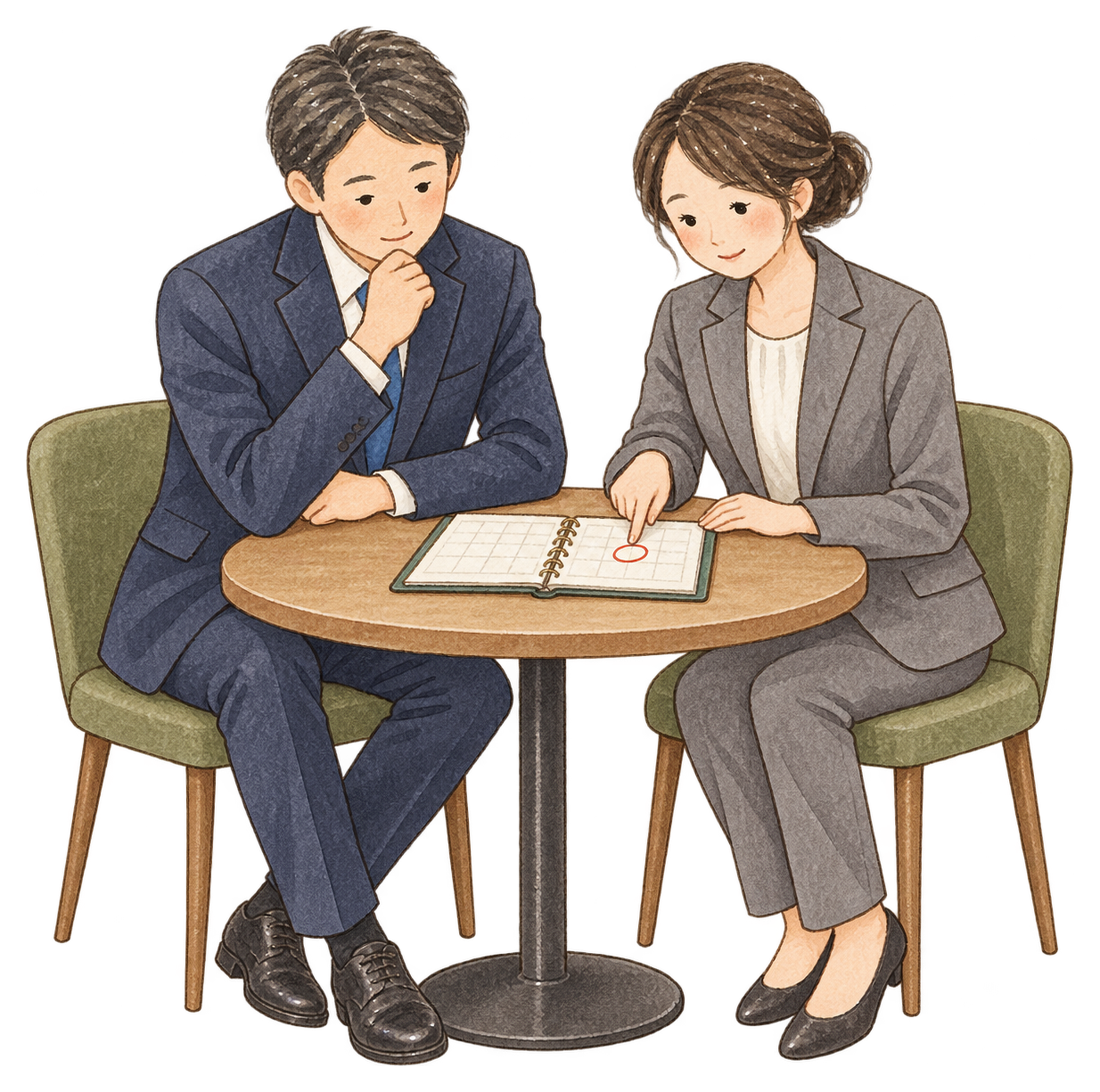 締切の予定を相談する社員二人｜年末の締切案内の無料人物イラスト素材 103930に写真・文字を入れる