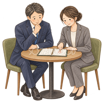 締切の予定を相談する社員二人｜年末の締切案内の無料人物イラスト素材 103930