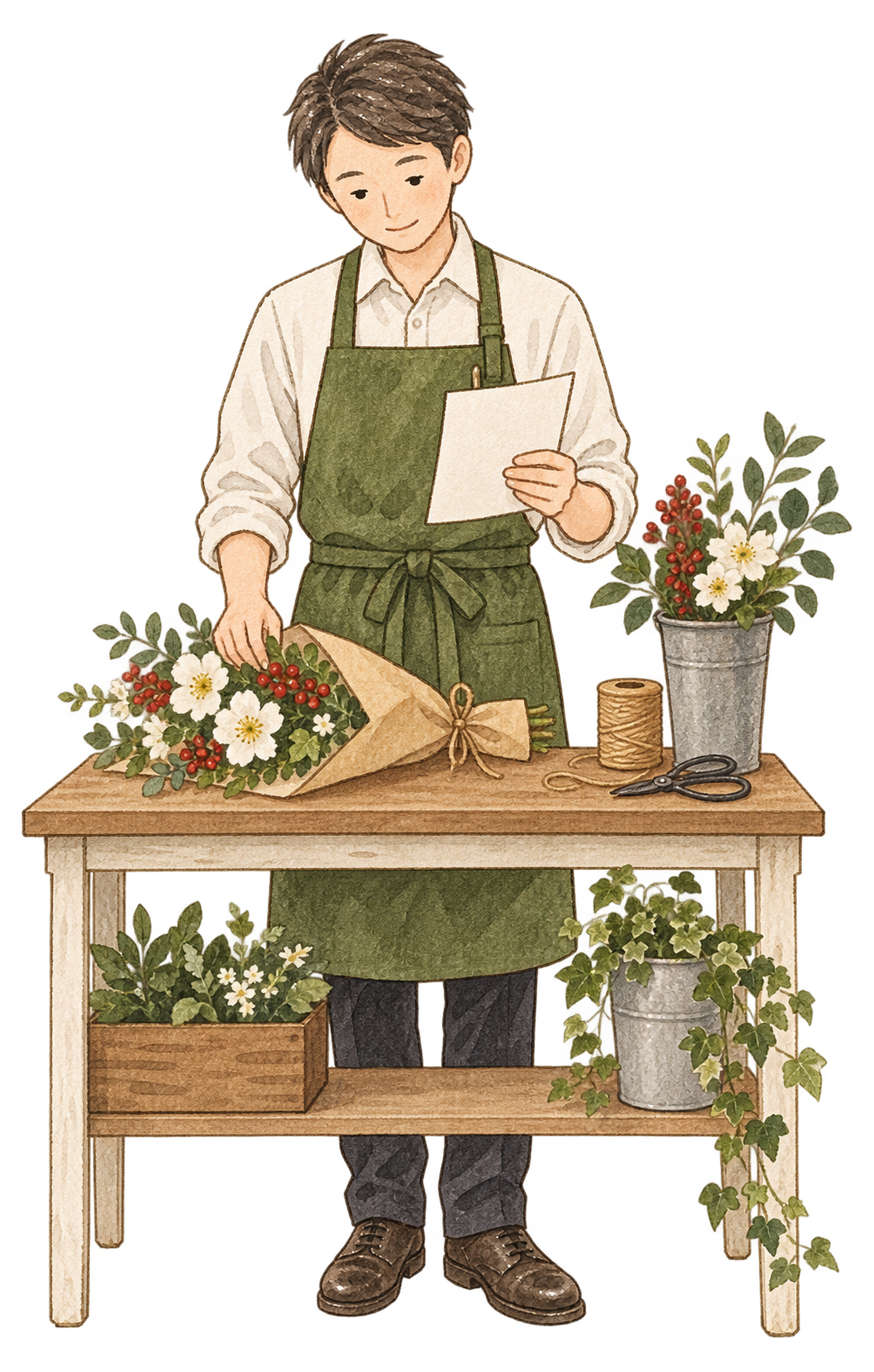 花屋の年内注文を受ける店員｜年末の締切案内の無料人物イラスト素材 103935に写真・文字を入れる