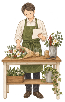 花屋の年内注文を受ける店員｜年末の締切案内の無料人物イラスト素材 103935