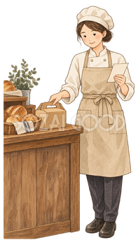 パン屋の予約商品を確認するスタッフ｜年末の締切案内の無料人物イラスト素材 103936