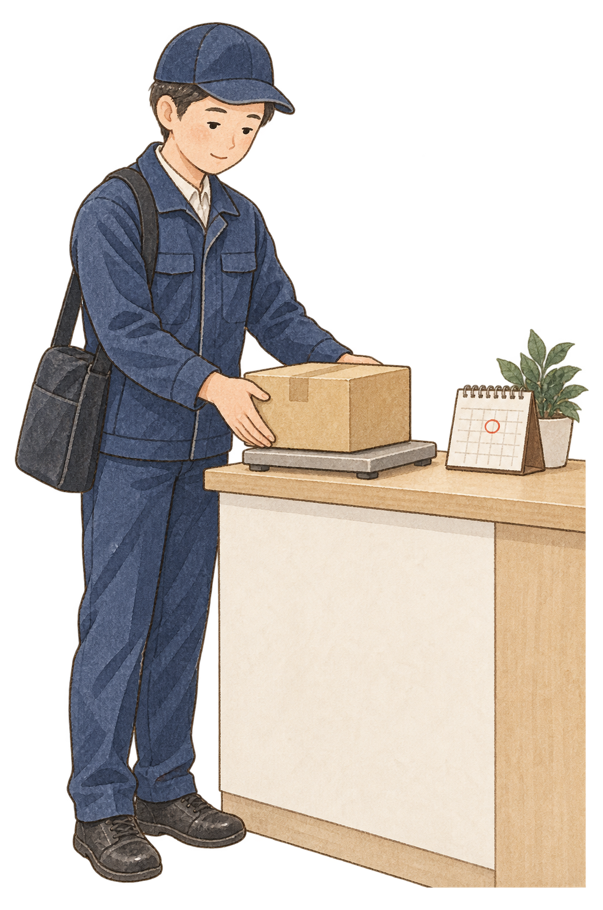 年内発送の荷物を受け付ける配達員｜年末の締切案内の無料人物イラスト素材 103937に写真・文字を入れる