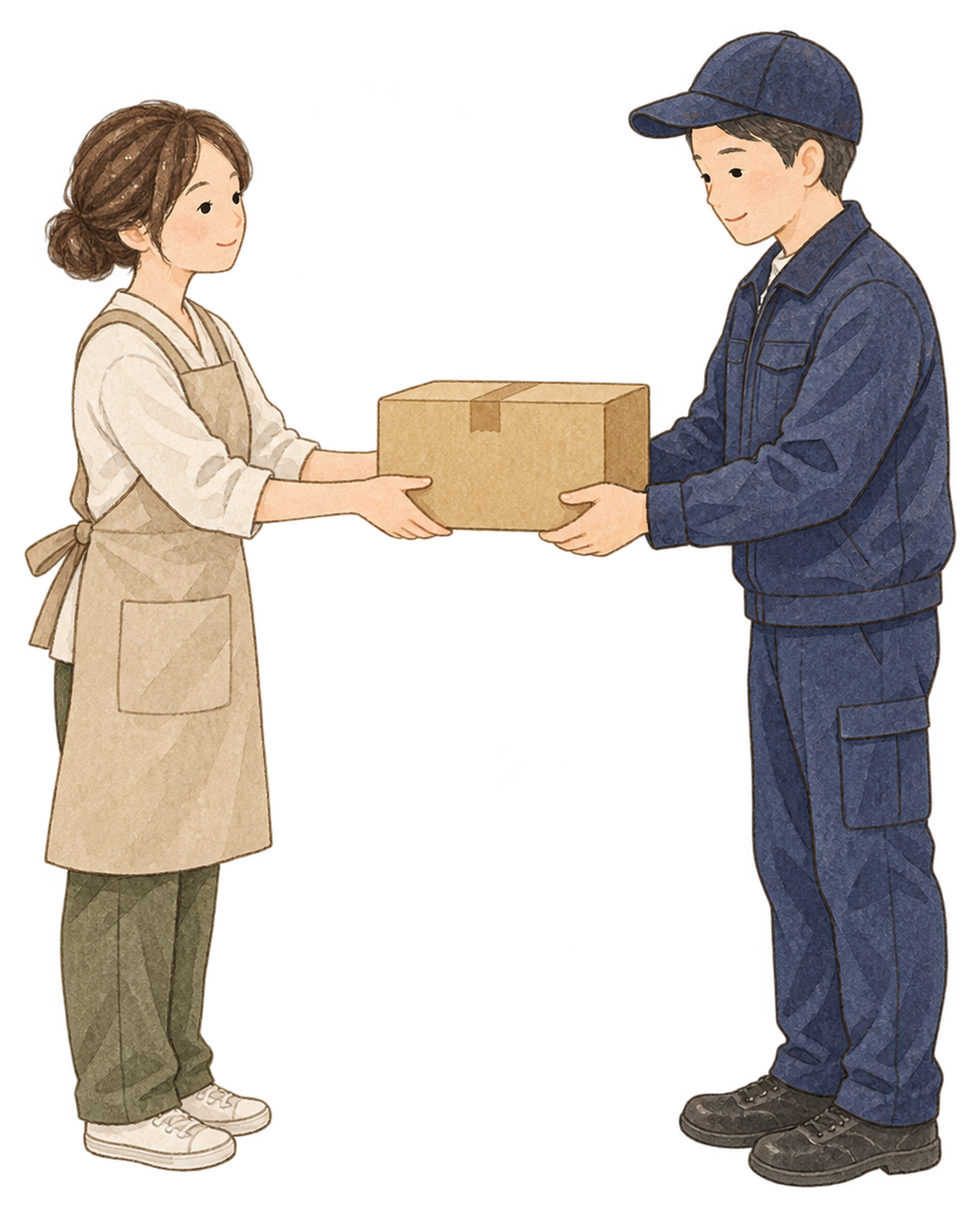 年内発送の荷物を引き渡す二人｜年末の締切案内の無料人物イラスト素材 103939に写真・文字を入れる