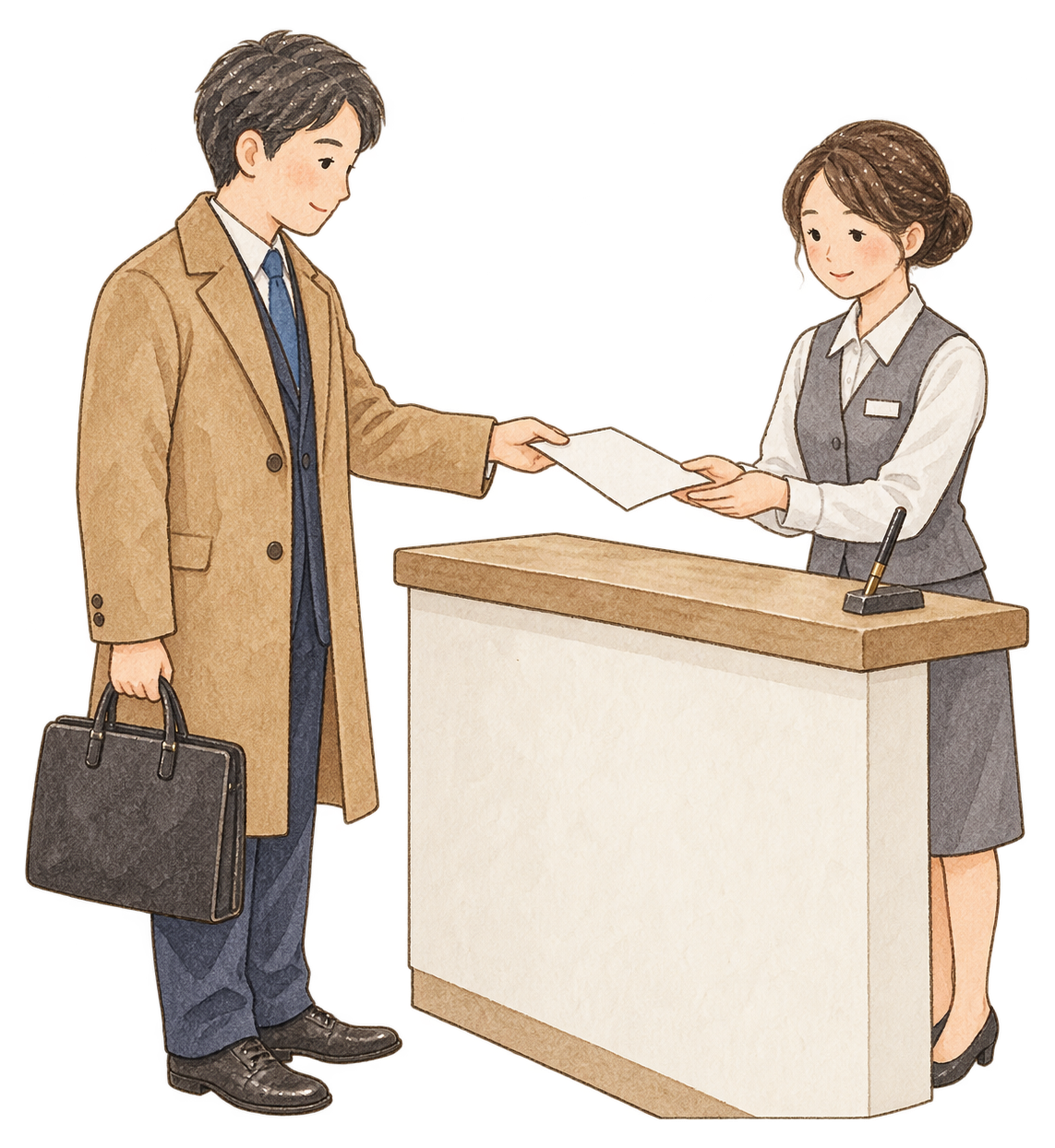 申込書を受け取る受付スタッフ｜年末の締切案内の無料人物イラスト素材 103941に写真・文字を入れる