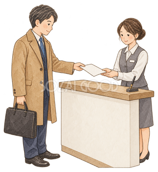 申込書を受け取る受付スタッフ｜年末の締切案内の無料人物イラスト素材 103941