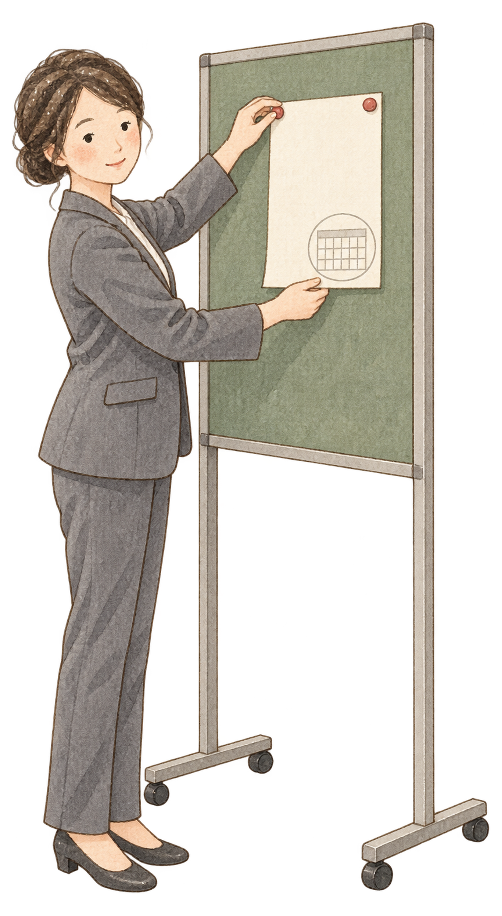締切案内を掲示する女性社員｜年末の締切案内の無料人物イラスト素材 103945に写真・文字を入れる