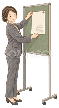 締切案内を掲示する女性社員｜年末の締切案内の無料人物イラスト素材 103945