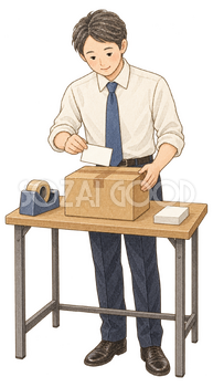 発送ラベルを準備する男性｜年末の締切案内の無料人物イラスト素材 103946